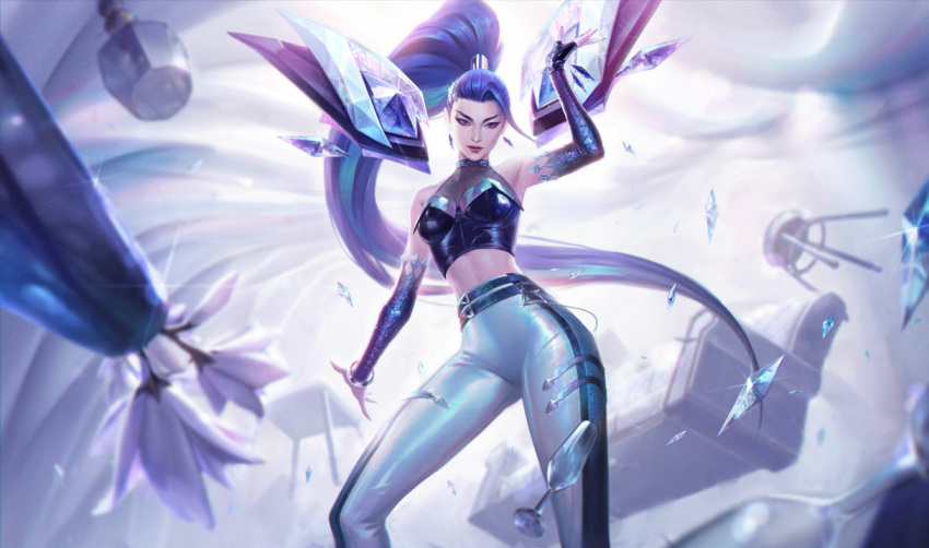 aqua_hair bare_shoulders belt black_gloves black_pants bracelet breasts bustier chenbo crop_top detached_sleeves detached_wings earrings eyeshadow female fingerless_gloves gloves hair_ornament hand_up idol jewelry k/da_(league_of_legends) k/da_all_out_kai'sa kai'sa league_of_legends lipstick long_hair looking_at_viewer makeup medium_breasts multicolored_hair multiple_belts navel official_alternate_costume official_art pants ponytail purple_eyes purple_hair red_lips single_glove solo two-tone_hair two-tone_pants very_long_hair white_pants wings