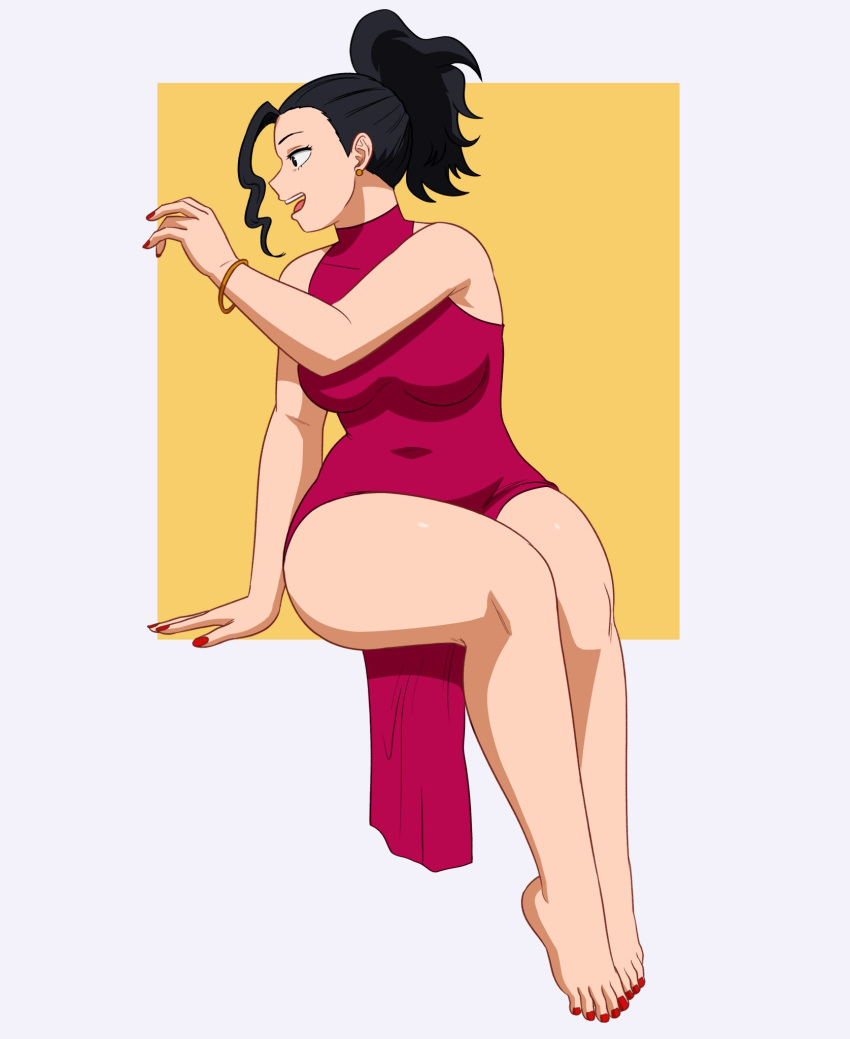 1girls barefoot big_breasts black_hair boku_no_hero_academia bracelet dress female female_only geometric_background light-skinned_female long_hair mfuncen momo_yaoyorozu my_hero_academia red_dress red_nail_polish red_nails smile smooth_skin thick_thighs tied_hair yaoyorozu_momo