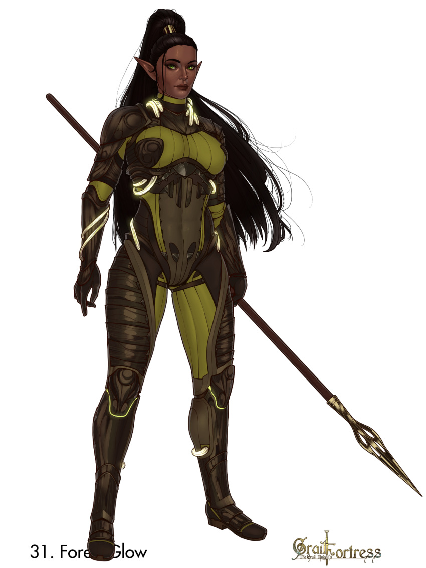 1girls 2022 abs armor armored_female black_hair dark-skinned_female dark_elf elf elf_ears elf_female female female_only full_body futuristic futuristic_clothing galaad1800 green_eyes high_ponytail large_breasts looking_at_viewer muscular muscular_female pointy_ears ponytail sci-fi simple_background skin_tight solo solo_female spear very_long_hair white_background