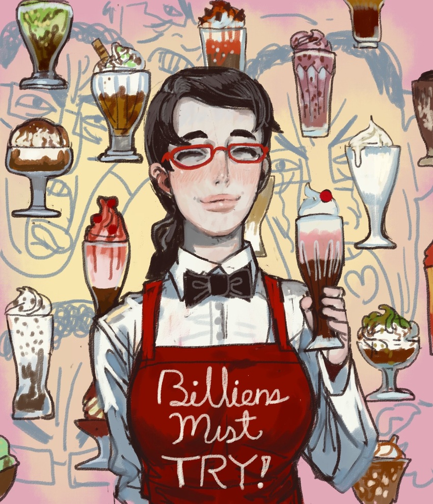 1girls apron big_breasts billions_must_die_(meme) blush bowtie chud chuddette_(mossa) closed_eyes eyewear female food funny genderswap_(mtf) glasses happy holding_food holding_object ice_cream ice_cream_cone light-skinned_female meme milkshake mossa rule_63 shirt smile soyjak white_shirt wholesome wide_hips wojak_comics