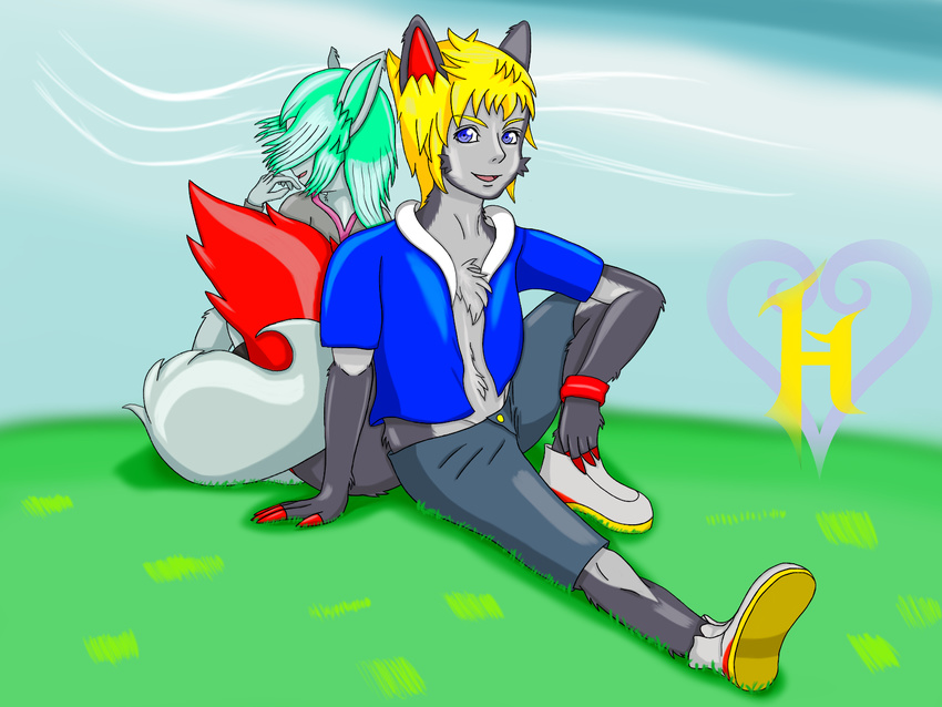 4:3 anthro belly blonde_hair blue_eyes canid canine clothed clothing duo fluffy fluffy_tail footwear fox fur grass green_hair grey_belly grey_body grey_fur hair hi_res hill khblacky97 looking_at_viewer mammal multicolored_hair open_mouth outside plant romantic romantic_couple shoes tail two_tone_hair white_hair wind