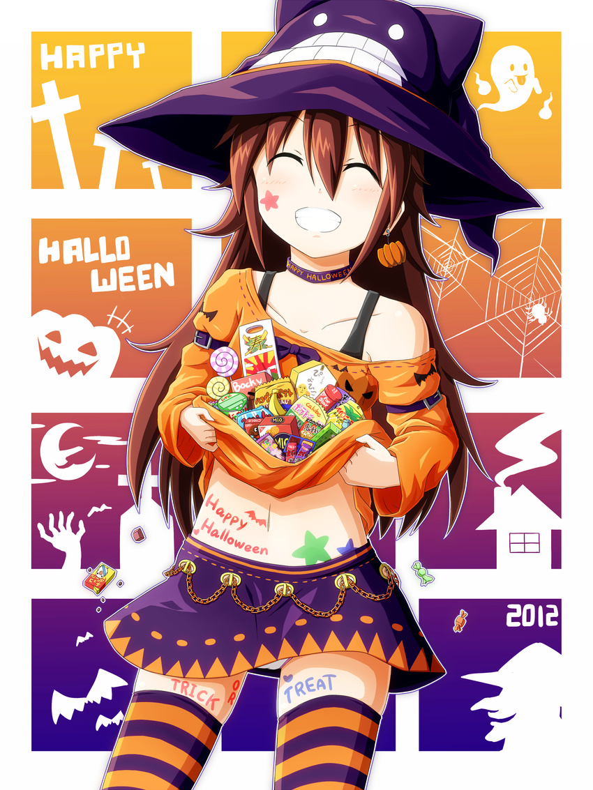 absurdres body_writing brown_hair candy closed_eyes commentary_request female food halloween happy_halloween hat highres long_hair navel original smile solo takamine_kokone takamine_tsukumo thighhighs trick_or_treat witch_hat