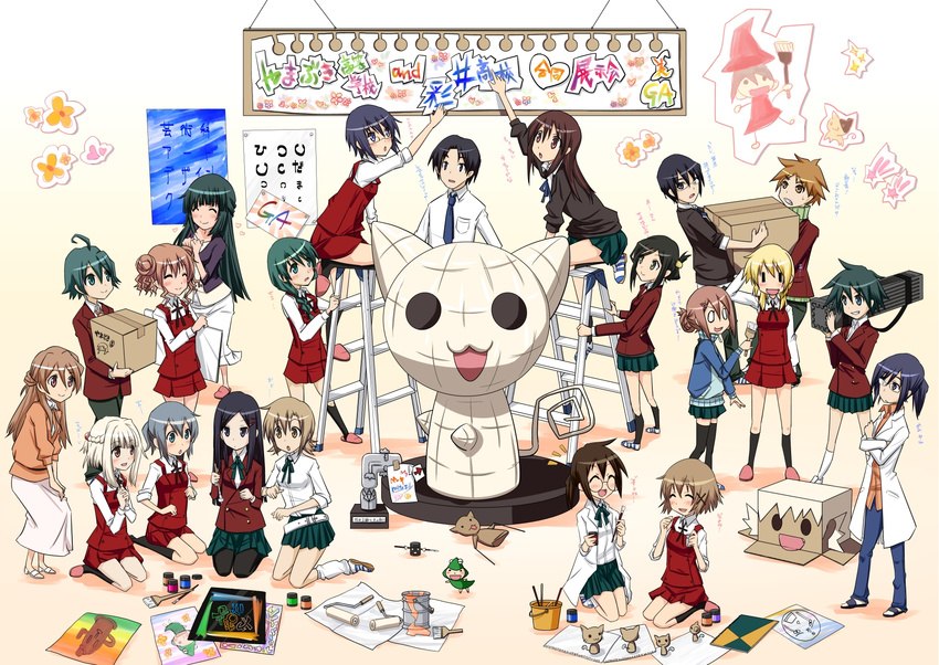 2boys 6+girls :o ahoge art_brush awara_chikako belt black_hair blonde_hair braid brown_hair closed_eyes commentary_request company_connection crossover double_bun drawing feline ga_geijutsuka_art_design_class glasses green_hair hair_bun hidamari_sketch highres hiro_(hidamari_sketch) homura_(ga) kneehighs long_hair manga_time_kirara miyako_(hidamari_sketch) mizubuchi multiple_boys multiple_girls natsume_(hidamari_sketch) nazuna_(hidamari_sketch) noda_miki nori_(hidamari_sketch) nozaki_namiko o_o oomichi_miyabi open_mouth paint paintbrush pantyhose ponytail principal_(hidamari_sketch) puppet sae_(hidamari_sketch) sakebuotoko sasamoto school_uniform sculpture short_hair sign skirt sleeves_rolled_up smile socks sotoma_takuma suneko tomokane tomokane-oniisan translation_request trim_brush ume-sensei uozomi usami_mayumi yamabuki_high_school_uniform yamaguchi_kisaragi yoshinoya_(hidamari_sketch) yuno_(hidamari_sketch) |_|