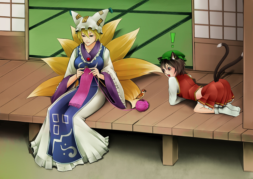 ! 2girls animal_ears bird brown_hair cat_ears cat_tail chen commentary_request eurasian_tree_sparrow fox_tail hat highres knitting multiple_girls multiple_tails red_eyes short_hair sitting sparrow tail touhou yakumo_ran yarn yarn_ball yellow_eyes yukichi_(bancho99)