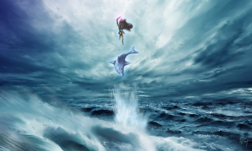 1boy 70s angry armpits barefoot belt bladepest cape cloud dolphin fin_(umi_no_triton) green_hair highres jumping male male_focus merman monster_boy ocean oldschool rukaa sky solo sword triton umi_no_triton weapon