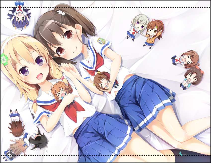 >_< 6+girls :< :d black_hair blonde_hair brown_eyes chibi closed_eyes closed_mouth commentary_request high_school_fleet highres hirota_sora holding_hands irizaki_mei ise_sakura jitome kuroki_hiromi long_hair lying mini_person minigirl misaki_akeno multiple_girls munetani_mashiro nosa_kouko o_o on_stomach open_mouth photoshop_(medium) pirason purple_eyes school_uniform serafuku shiretoko_rin short_hair short_sleeves smile suruga_runa tateishi_shima triangle_mouth twintails v-shaped_eyebrows wakasa_reo yanagiwara_maron yokosuka_girls_marine_high_school_uniform