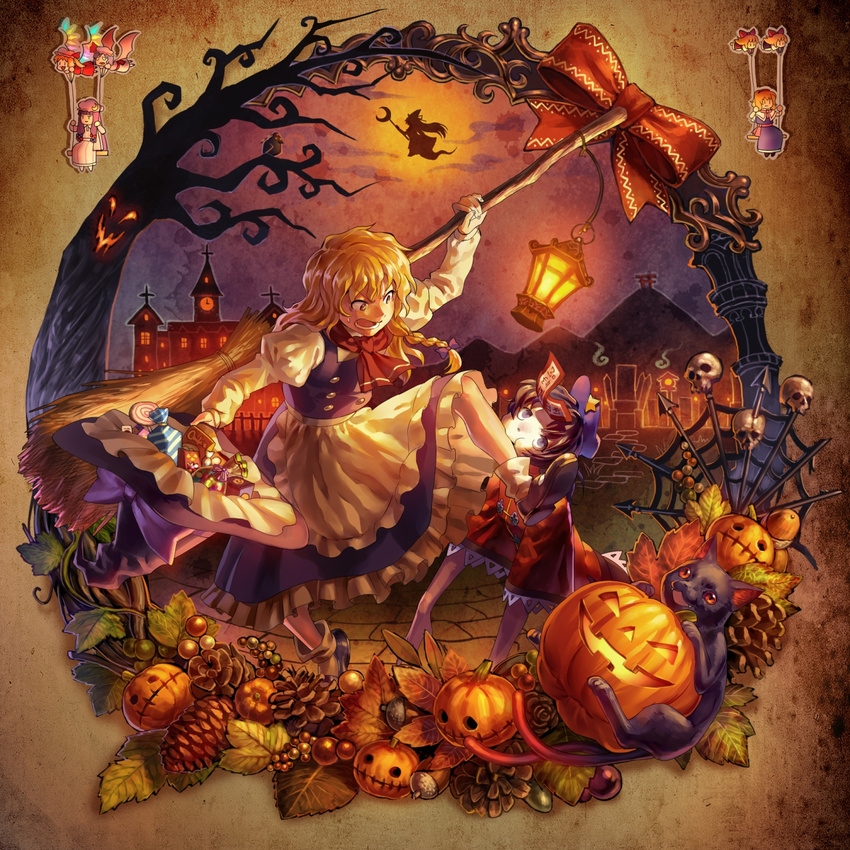 2girls :o alice_margatroid bad_id bad_pixiv_id biting black_hair blonde_hair blue_eyes braid broom candy clock crescent cross flandre_scarlet flying food grave halloween hat hat_ribbon highres holding holding_clothes holding_hat jack-o'-lantern jiangshi kaenbyou_rin kaenbyou_rin_(cat) kirisame_marisa lantern long_hair mima_(touhou) miyako_yoshika multiple_girls o_o ofuda om_(carbohydratism) open_mouth outline patchouli_knowledge pumpkin purple_hair remilia_scarlet ribbon scarlet_devil_mansion shameimaru_aya shameimaru_aya_(crow) shanghai_doll single_braid sitting star_(symbol) swing touhou touhou_(pc-98) unworn_hat unworn_headwear v-shaped_eyebrows wings