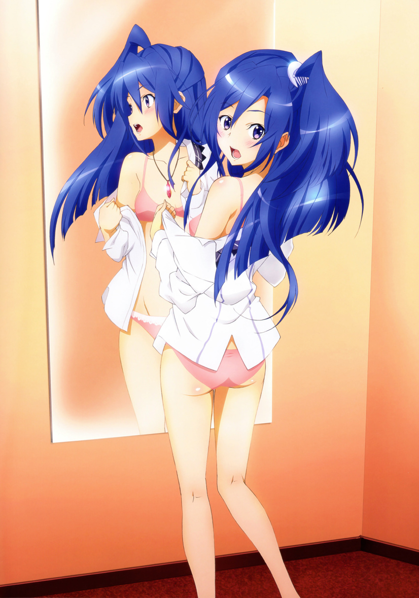 absurdres amulet ass bare_legs barefoot blue_eyes blue_hair blush bra breasts comb dress_shirt female highres jewelry kazanari_tsubasa long_hair looking_at_viewer looking_back mirror necklace no_pants nyantype off_shoulder official_art one_side_up open_clothes open_mouth open_shirt panties pendant photoshop_(medium) pink_bra pink_panties reflection scan senki_zesshou_symphogear shibuya_sakae shirt small_breasts solo standing symphogear_pendant underwear undressing white_shirt