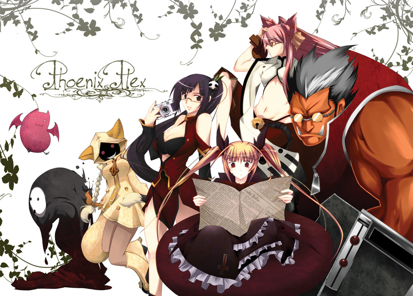 1boy 4girls arakune bad_id bad_pixiv_id bell blazblue braid camera commentary_request fennek gii glasses iron_tager kokonoe_(blazblue) lao_jiu litchi_faye_ling mask multiple_girls oerba_yun_fang rachel_alucard reading ribbon taokaka