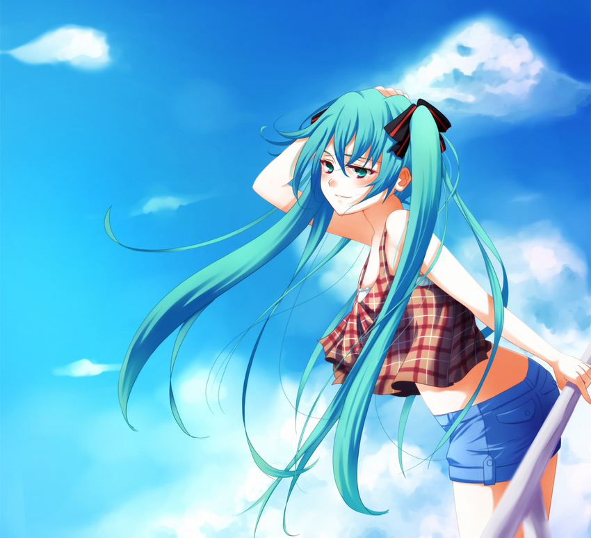 aqua_eyes aqua_hair ayumi_(xiwu) blue_shorts blush cloud commentary_request day female hair_ribbon hand_on_own_head hatsune_miku long_hair photoshop_(medium) ribbon shorts sky solo vocaloid