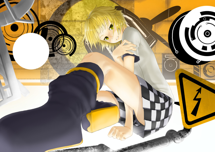 arm_between_legs blonde_hair checkered_clothes checkered_skirt clothes_between_thighs commentary_request female kagamine_rin mossari_poteto perspective road_sign short_hair sign sitting skirt solo tiger_rampage_(vocaloid) vocaloid yellow_eyes