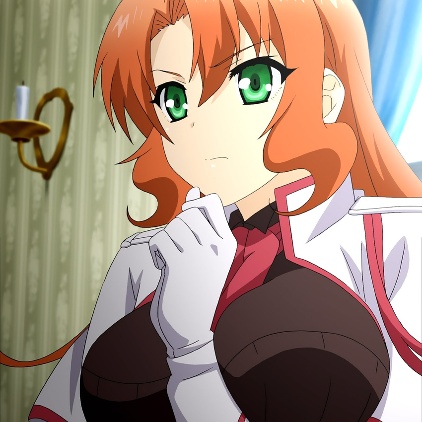 anime_screenshot curtains female green_eyes highres long_hair rebecca_randall red_hair seikoku_no_dragonar solo window