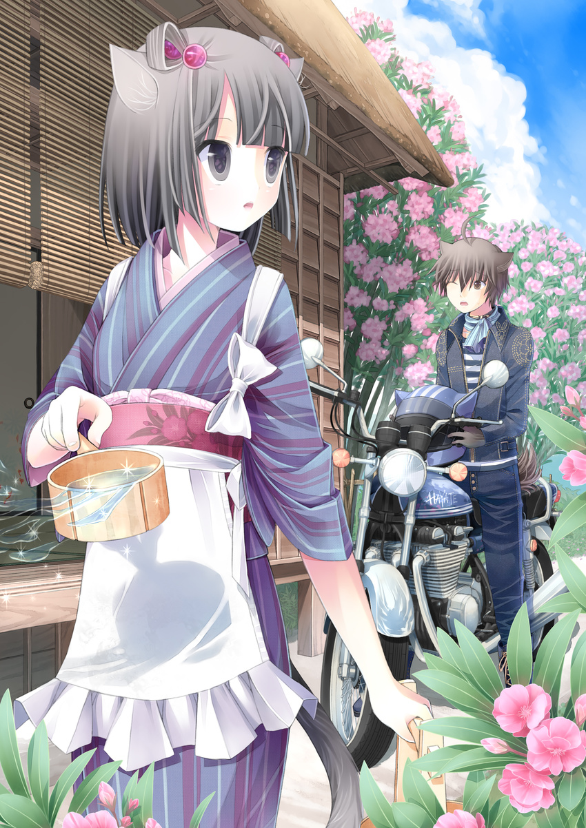 1boy ahoge animal_ears apron azalea_(flower) bamboo_screen brother_and_sister brown_eyes brown_hair bud cat_ears cat_tail commentary_request denim female flower highres hishaku holding holding_ladle japanese_clothes kanzaki_hayato kanzaki_miku kimono kuroinu ladle laundry motor_vehicle motorcycle oleander one_eye_closed original pink_flower rhododendron siblings tail yukata