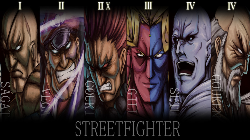 6+boys akuma_(street_fighter) beard blonde_hair capcom character_name column_lineup commentary_request copyright_name eyepatch facial_hair gill_(street_fighter) gouken grin highres m._bison moustache multiple_boys naoki_(endofcentury102) photoshop_(medium) red_eyes red_hair roman_numeral sagat seth_(street_fighter) smile street_fighter street_fighter_ii_(series) street_fighter_iii_(series) street_fighter_iv_(series) white_eyes white_hair