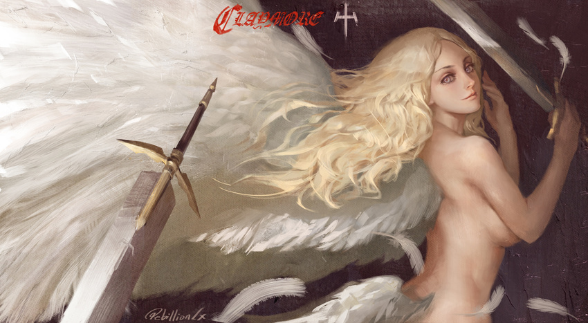 back blonde_hair breasts claymore_(series) commentary_request copyright_name feathers female from_behind highres large_breasts light_smile long_hair looking_back nude painterly photoshop_(medium) sideboob signature solo spoilers sword teresa_(claymore) weapon white_wings wings yinwoeren