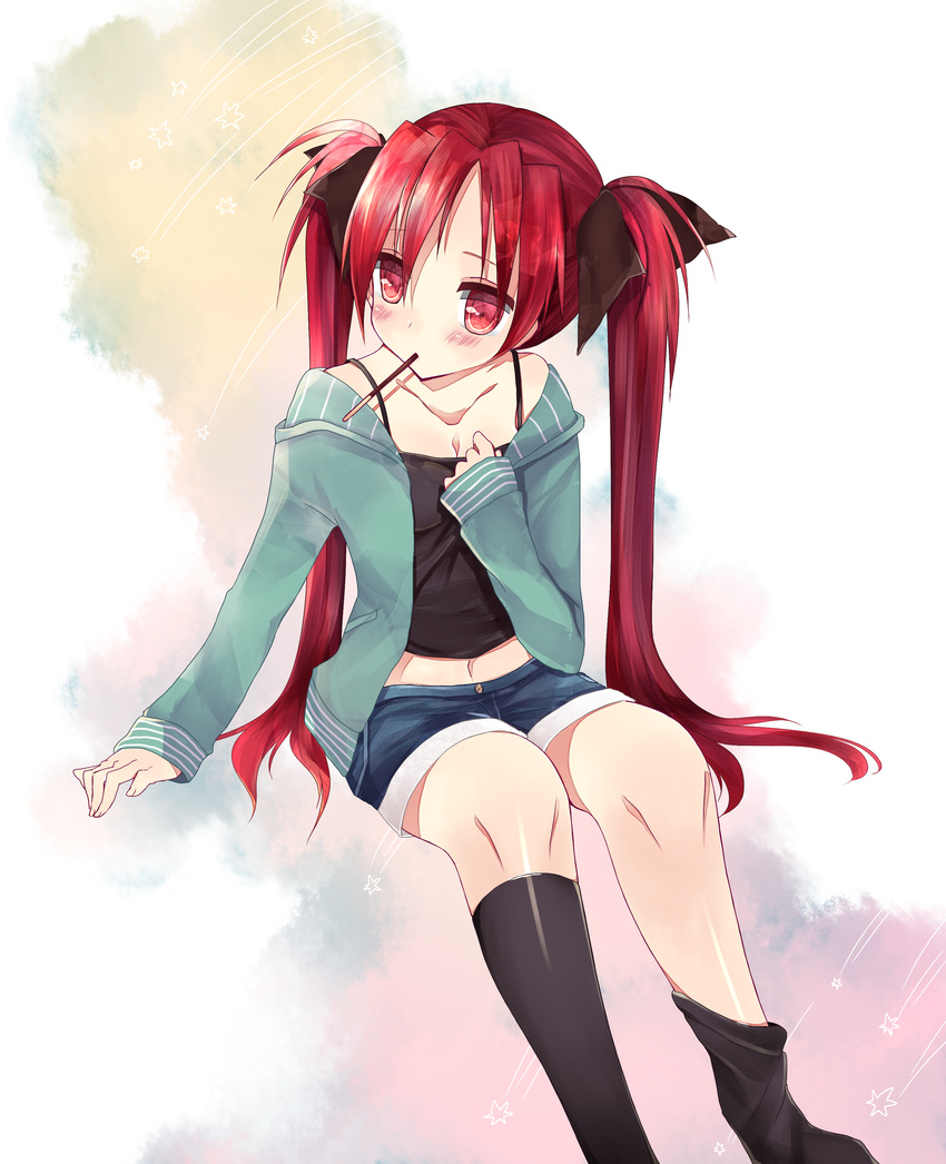 absurdres alternate_hairstyle bad_id bad_pixiv_id black_socks blush female food highres hood hoodie kamichi_miyaki kneehighs long_hair mahou_shoujo_madoka_magica mahou_shoujo_madoka_magica_(anime) open_clothes open_hoodie pocky red_eyes red_hair sakura_kyoko shorts sitting socks solo star_(symbol) twintails