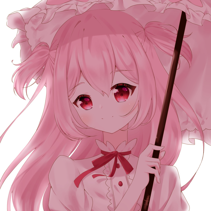 absurdres cherry_blossom_cookie closed_mouth cookie_run female highres huan_sakura humanization long_hair looking_at_viewer parasol pink_eyes pink_hair pink_umbrella red_eyes simple_background smile solo umbrella upper_body white_background