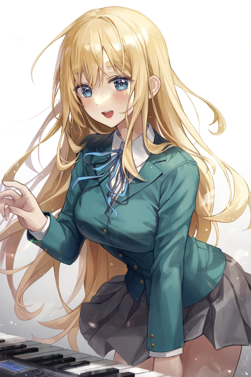 :d absurdres aibek blazer blonde_hair blue_eyes blue_jacket blue_ribbon blush breasts dot_nose duplicate female floating_hair grey_skirt highres instrument jacket k-on! keyboard_(instrument) kotobuki_tsumugi large_breasts leaning_forward long_hair miniskirt music neck_ribbon open_mouth piano pixel-perfect_duplicate pleated_skirt ribbon sakuragaoka_high_school_uniform school_uniform short_eyebrows skirt smile solo winter_uniform