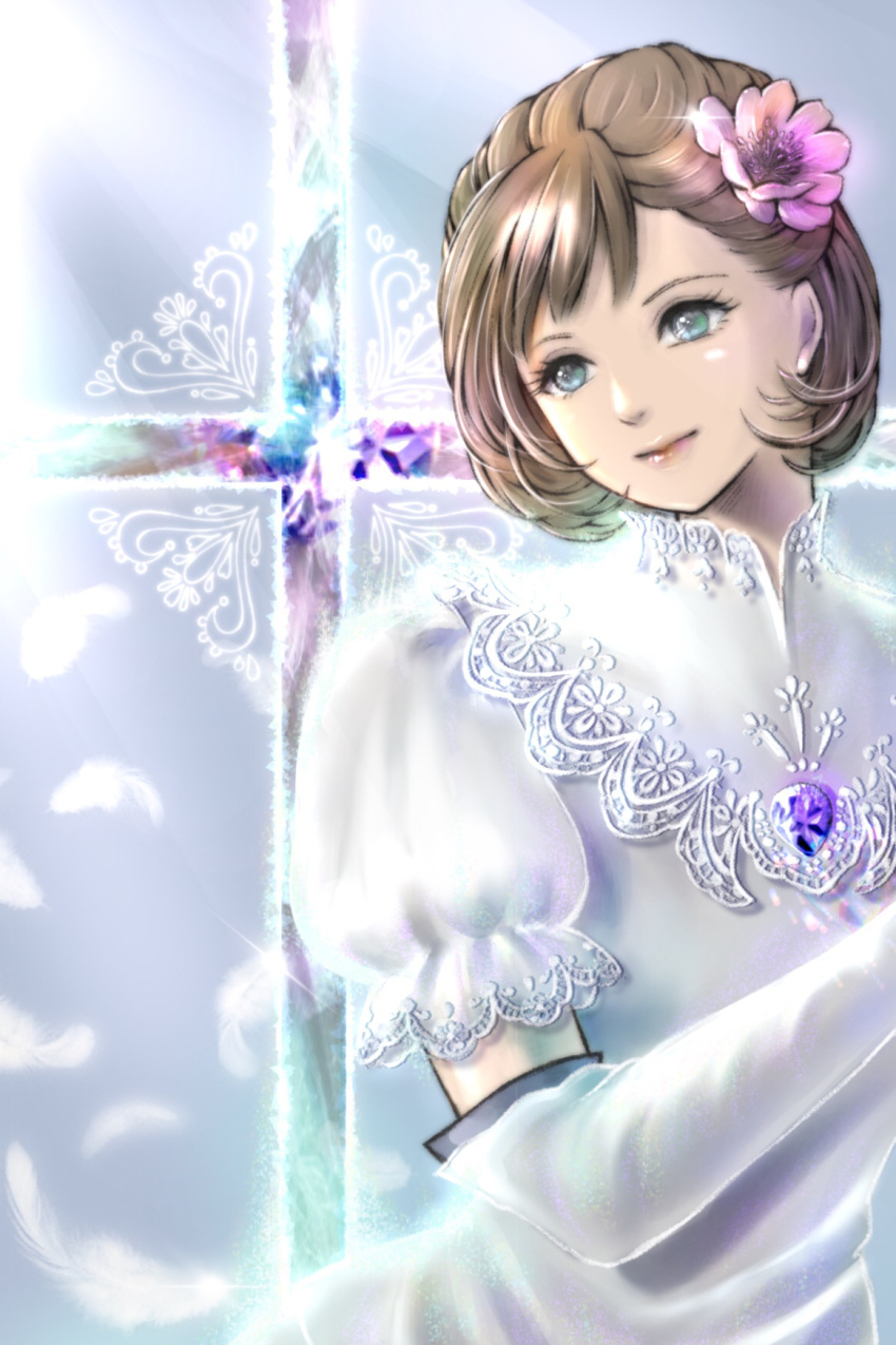 adventurer_(ff11) aqua_eyes brown_hair closed_mouth dress elbow_gloves eyelashes feathers female final_fantasy final_fantasy_xi flower gloves hair_flower hair_ornament highres hume pink_flower pink_lips piyoco puffy_short_sleeves puffy_sleeves short_hair short_sleeves solo white_dress white_feathers white_gloves