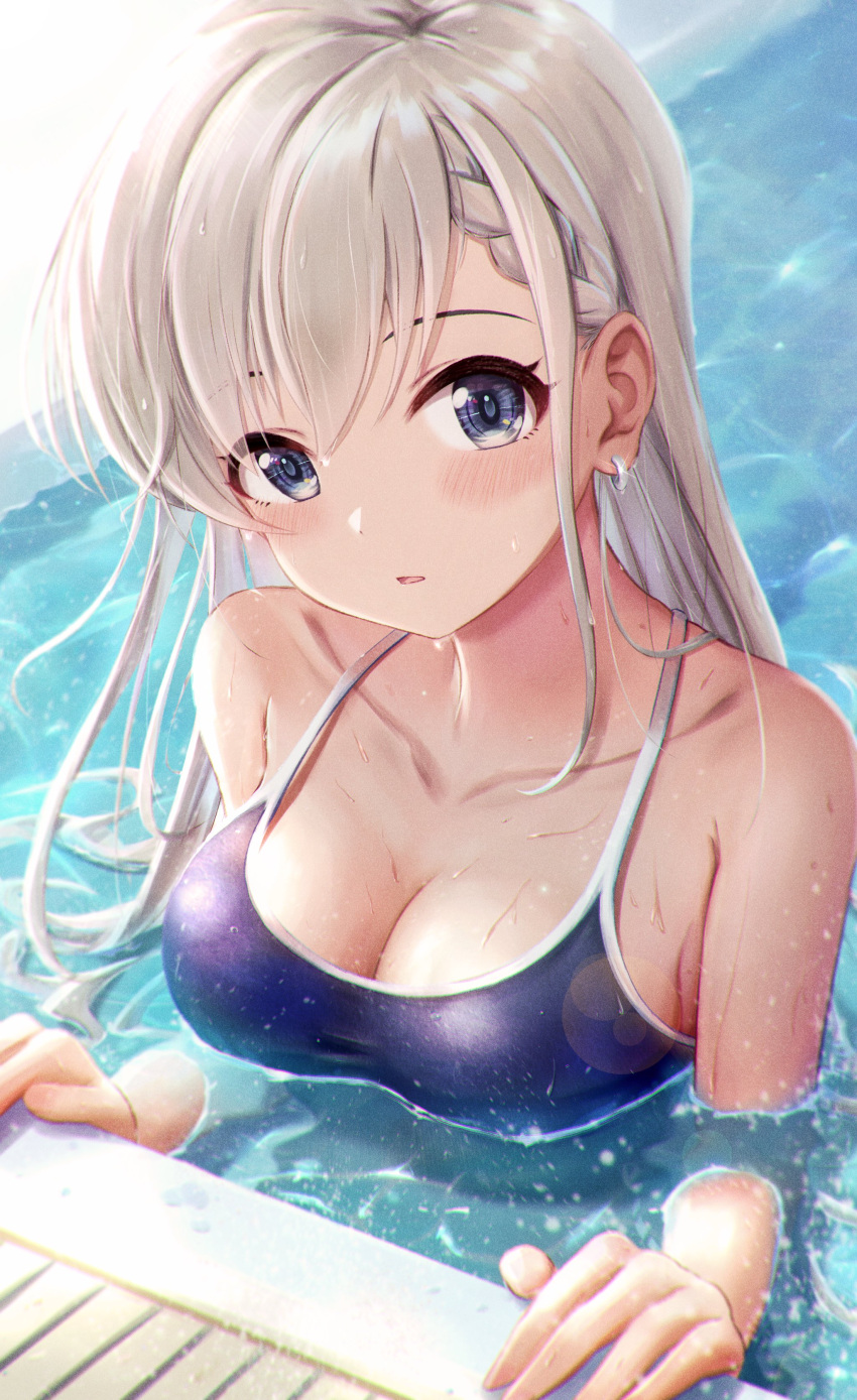 :o absurdres asymmetrical_bangs blue_one-piece_swimsuit blush braid braided_bangs breasts cleavage collarbone commentary_request earrings female grey_hair highres hisakawa_hayate idolmaster idolmaster_cinderella_girls jewelry looking_at_viewer masuku_(saint_mask) medium_breasts one-piece_swimsuit partially_submerged pool poolside school_swimsuit solo straight_hair swimsuit upper_body wet wet_hair