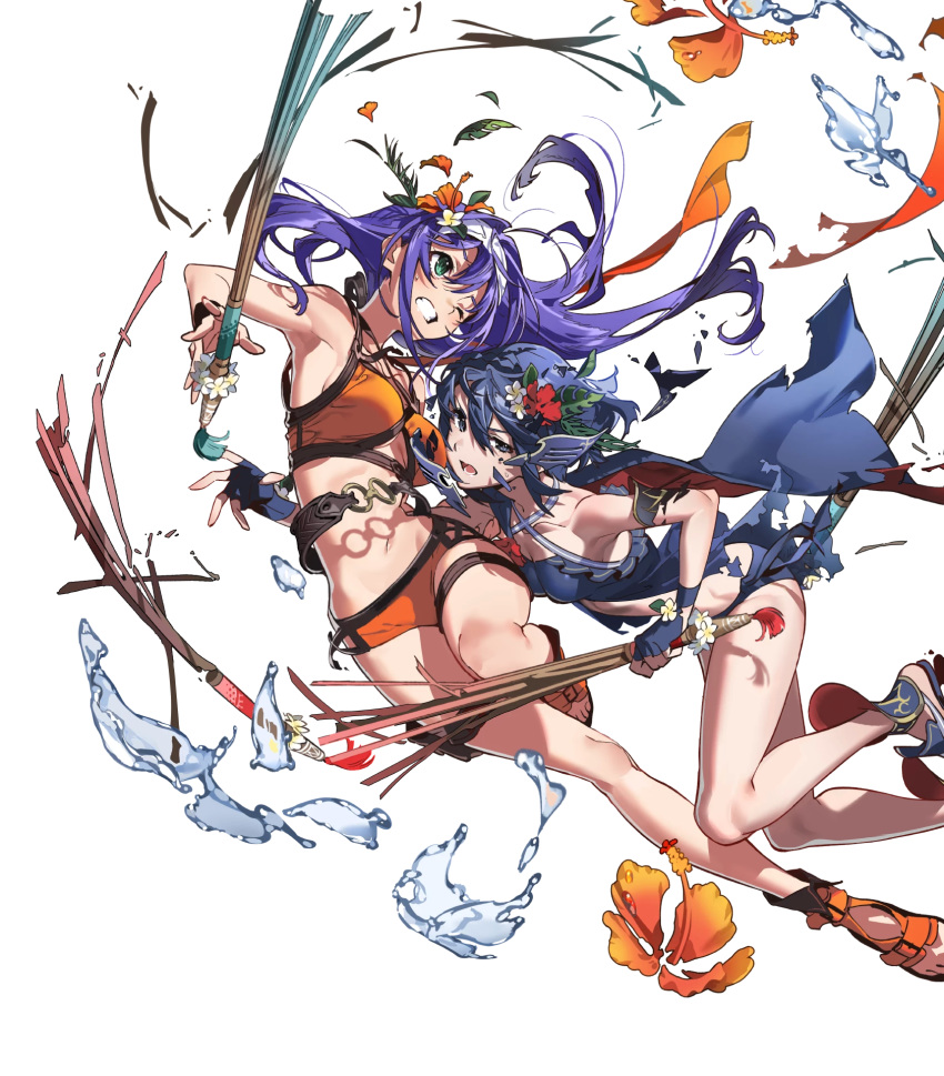 2girls ahoge bare_shoulders belt blue_hair braid breasts broken_mask clenched_teeth collarbone fingerless_gloves fire_emblem fire_emblem:_radiant_dawn fire_emblem_awakening fire_emblem_heroes flower full_body gloves green_eyes hairband hibiscus highres holding long_hair lucina_(fire_emblem) lucina_(summer)_(fire_emblem) marth_(fire_emblem_awakening) mask medium_breasts mia_(fire_emblem) mia_(summer)_(fire_emblem) multiple_girls navel non-web_source official_art one_eye_closed parted_lips sandals see-through short_hair small_breasts stomach swimsuit teeth thighs tied_hair torn_clothes transparent_background yoneyama_mai