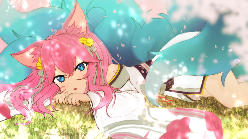 :o ahri_(league_of_legends) animal_ears bare_shoulders bell blue_eyes breasts facial_mark female fox_ears fox_tail grass hair_bell hair_ornament highres league_of_legends long_hair long_sleeves lying multiple_tails npesi on_stomach open_mouth pink_hair solo spirit_blossom_(league_of_legends) spirit_blossom_ahri tail whisker_markings