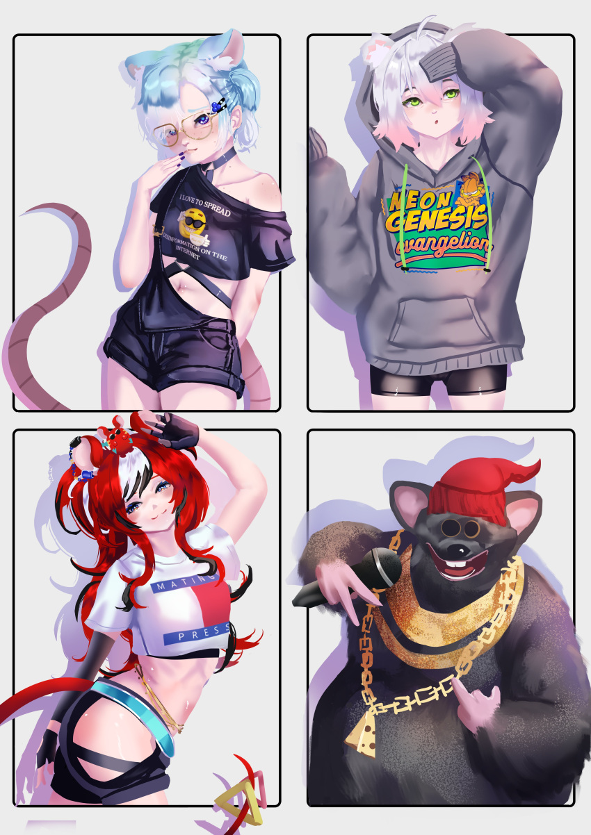 3girls :3 absurdres animal_ears barnyard_(series) beanie biggie_cheese bike_shorts black_gloves black_hair black_shorts blue_eyes blue_hair chains cheese closed_mouth crop_top ear_piercing emoji fingerless_gloves food garfield garfield_(character) gloves gold_chain gradient_hair green_eyes hakos_baelz hakos_baelz_(casual) hands_up hat highres holding holding_microphone hololive hololive_english hood hood_up hoodie long_hair looking_at_viewer meme microphone mouse_(animal) mouse_ears mouse_girl mouse_tail multicolored_hair multiple_girls navel neon_genesis_evangelion open_mouth original overalls piercing pink_hair print_hoodie print_shirt rancidronin red_hair red_headwear round_eyewear shirt short_hair shorts sleeves_past_fingers sleeves_past_wrists streaked_hair sunglasses tail virtual_youtuber white_hair