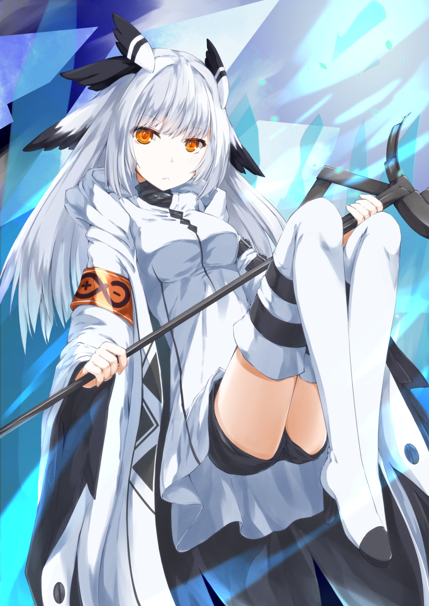 arknights armband black_shorts breasts coat commentary_request dress feather_hair female head_wings highres holding holding_staff hood hooded_coat knees_up long_hair looking_at_viewer medium_breasts open_clothes open_coat orange_eyes partial_commentary ptilopsis_(arknights) ptilopsis_(elite_ii)_(arknights) rhine_lab_logo short_dress short_shorts shorts solo staff thighhighs white_coat white_dress white_hair white_thighhighs wings yuki-san_(wdtm_yuki)