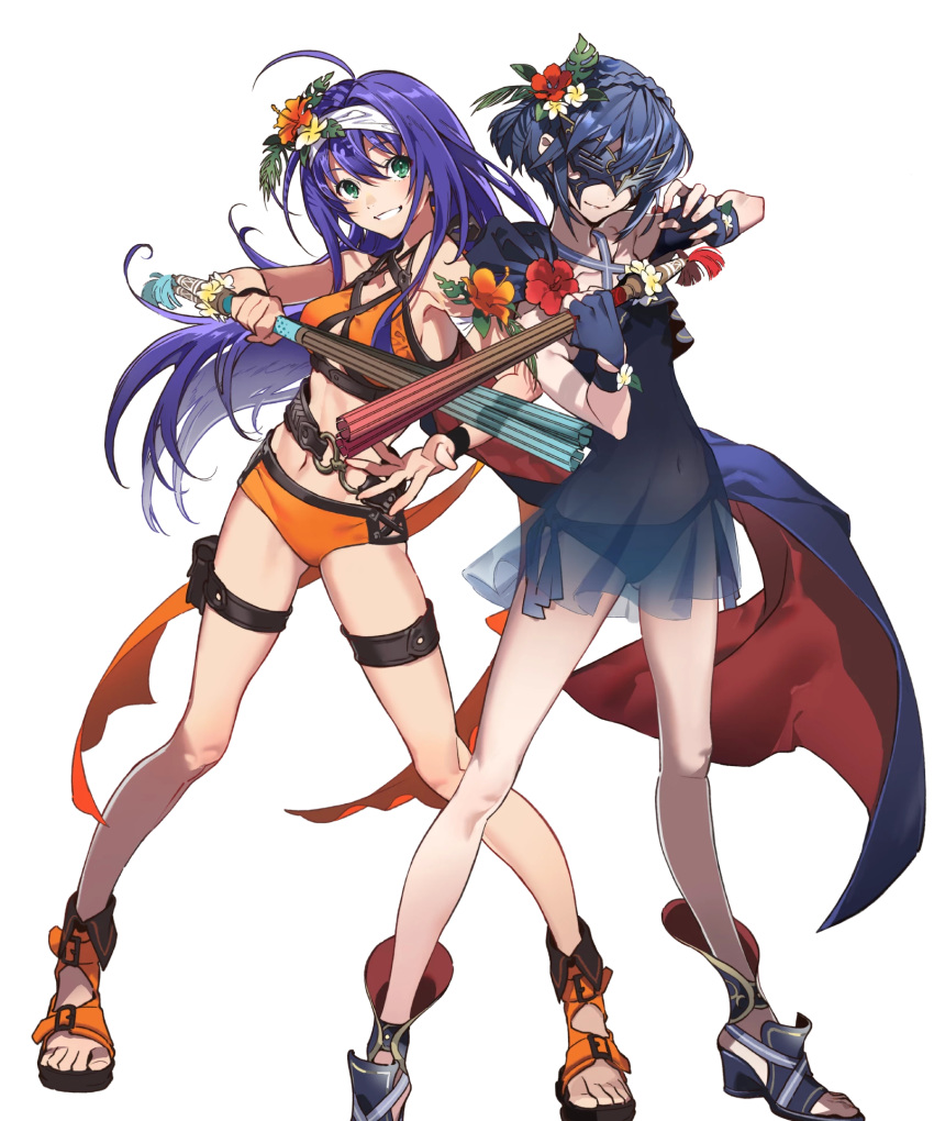 2girls ahoge belt blue_hair braid breasts collarbone fingerless_gloves fingernails fire_emblem fire_emblem:_radiant_dawn fire_emblem_awakening fire_emblem_heroes flower full_body gloves green_eyes hairband hibiscus highres holding long_hair looking_at_viewer lucina_(fire_emblem) lucina_(summer)_(fire_emblem) marth_(fire_emblem_awakening) mask medium_breasts mia_(fire_emblem) mia_(summer)_(fire_emblem) multiple_girls navel non-web_source official_art parted_lips sandals see-through short_hair smile stomach swimsuit tied_hair transparent_background yoneyama_mai