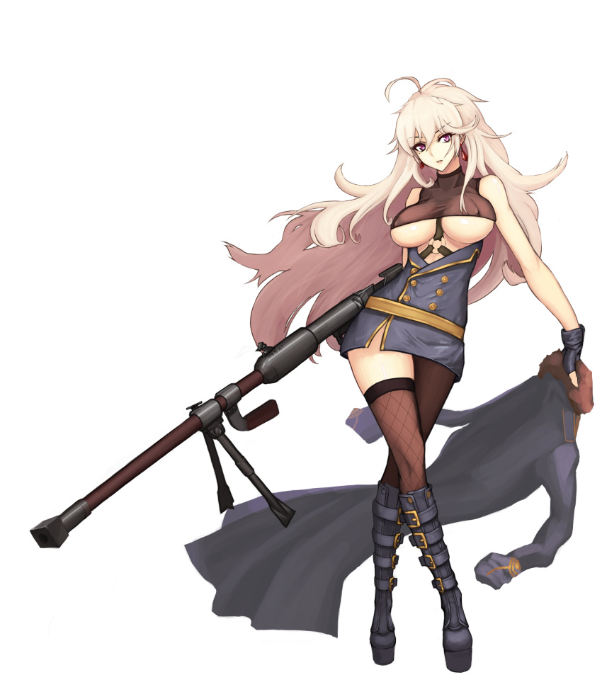 absurdres alternate_costume anti-materiel_rifle black_footwear black_gloves black_thighhighs blonde_hair bolt_action boots breasts closed_mouth coat earrings female fingerless_gloves fishnet_thighhighs fishnets girls'_frontline gloves gun highres holding holding_clothes holding_coat holding_weapon jewelry large_breasts long_hair looking_at_viewer mole mole_under_eye ptrd-41 ptrd_(girls'_frontline) purple_eyes rifle sniper_rifle solo standing thighhighs transparent_background underboob unworn_coat weapon x1_(pcbg123)