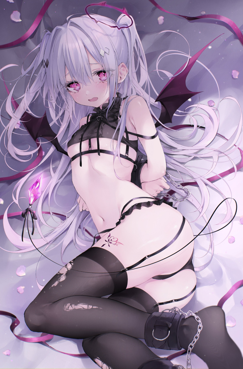 absurdres ankle_cuffs arms_behind_back ass blush bound bound_arms breasts demon_girl demon_wings female frilled_shirt_collar frills from_above hair_ornament halo highres hoju_rura indie_virtual_youtuber leg_tattoo legs lingerie long_hair looking_at_viewer lying mashiro_shiki navel no_shoes on_side open_mouth pink_eyes ribs small_breasts solo stomach tattoo thighhighs torn_clothes torn_thighhighs underboob underwear virtual_youtuber white_hair wings