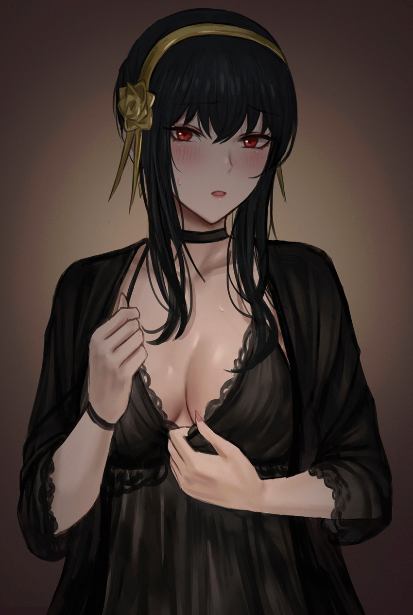 bad_id bad_pixiv_id black_choker black_hair blush bracelet breasts choker cleavage commentary_request female flower gold_hairband hair_flower hair_ornament hairband highres jewelry looking_at_viewer medium_breasts nightgown parted_lips red_eyes rose selcky short_hair_with_long_locks solo spy_x_family sweat yor_briar