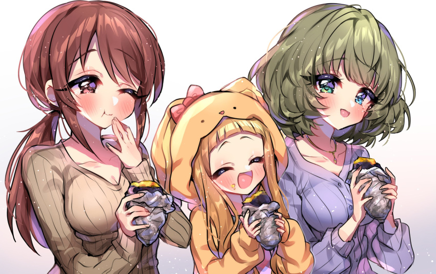 3girls :d ;t ^_^ adachi_(nogami_nono) animal_hood blunt_bangs blush bob_cut breasts cardigan cleavage closed_eyes collarbone commission foil food food_on_face highres holding holding_food hood hooded_jacket ichihara_nina idolmaster idolmaster_cinderella_girls jacket long_sleeves looking_at_another medium_breasts mifune_miyu multiple_girls ponytail ribbed_cardigan ribbed_shirt second-party_source shirt sidelocks simple_background smile sweet_potato takagaki_kaede upper_body white_background