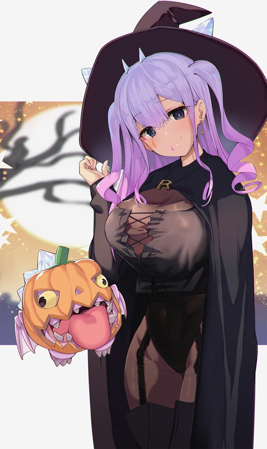 black_eyes black_legwear black_leotard breasts cape cleavage earrings female halloween halloween_costume hat highres indie_virtual_youtuber jack-o'-lantern jewelry joy-con large_breasts leotard leotard_under_clothes navel otoha_rilly pantyhose pink_hair ring_fit_adventure satou_daiji skin_tight skindentation twintails virtual_youtuber witch witch_hat