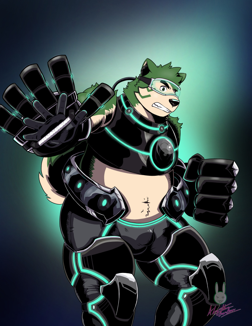 absurd_res absynth_bunbun anthro belly canid canine canis domestic_dog fur green_body green_fur hi_res lifewonders live_a_hero male mammal mecha_fist midriff mokdai overweight overweight_male solo superhero