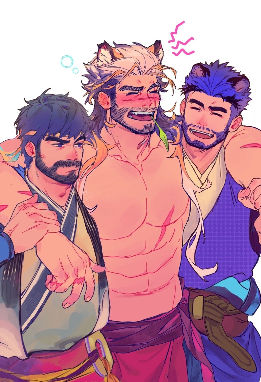 3boys :d abs animal_ears arm_around_shoulder bara beard cat_boy drunk drunk_tiger_(kuro) facial_hair frown hair_slicked_back happy highres kuro_(kuroshima_kurishiro) kuroshima_kurishiro_(muyi24108414) large_pectorals long_hair looking_at_pectorals male_focus mature_male multicolored_hair multiple_boys muscular muscular_male mustache_stubble navel no_nipples original pectorals scar scar_on_chest short_hair smile squeans stomach strongman_waist stubble thick_eyebrows tiger_boy tiger_ears topless_male two-tone_hair undercut white_hair