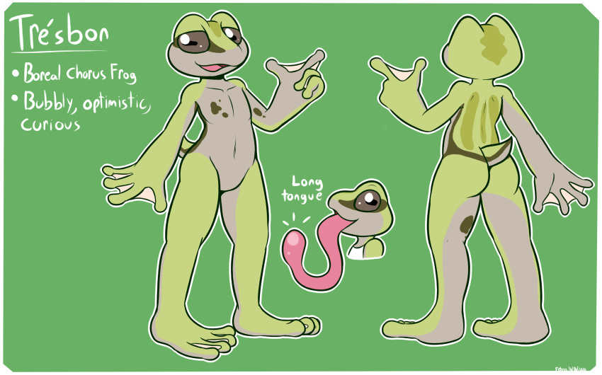 4_fingers absurd_res amphibian anthro ass character_name english_text featureless_crotch felino fingers frog hi_res membrane_(anatomy) nude open_mouth pink_tongue pose solo text tongue tongue_out webbed_hands