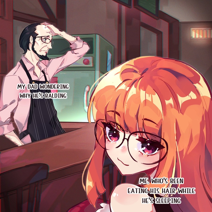 1boy apron balding beard black_apron black_eyes black_hair collared_shirt eating_the_chess_pieces_(meme) emi_star english_commentary english_text facial_hair father_and_daughter female glasses hair_behind_ear hand_on_own_head highres meme orange_hair persona persona_5 pink_shirt red_eyes sakura_futaba sakura_soujirou shirt smile