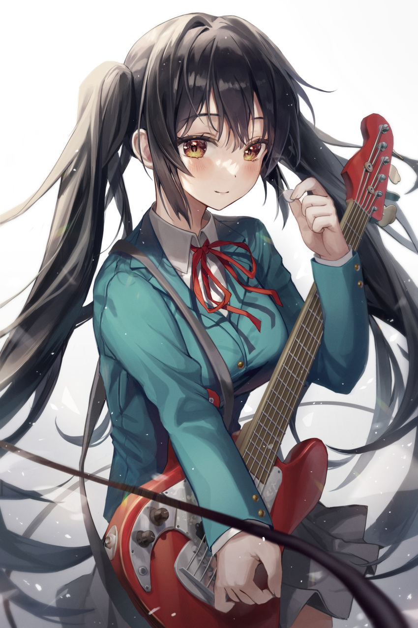 absurdres aibek black_hair blazer blush breasts brown_eyes closed_mouth collared_shirt cowboy_shot duplicate electric_guitar female fender_mustang gradient_background green_jacket grey_skirt guitar hair_between_eyes highres instrument jacket k-on! light_smile long_hair looking_at_viewer nakano_azusa neckerchief pixel-perfect_duplicate red_neckerchief sakuragaoka_high_school_uniform school_uniform shirt skirt small_breasts solo twintails white_background white_shirt winter_uniform