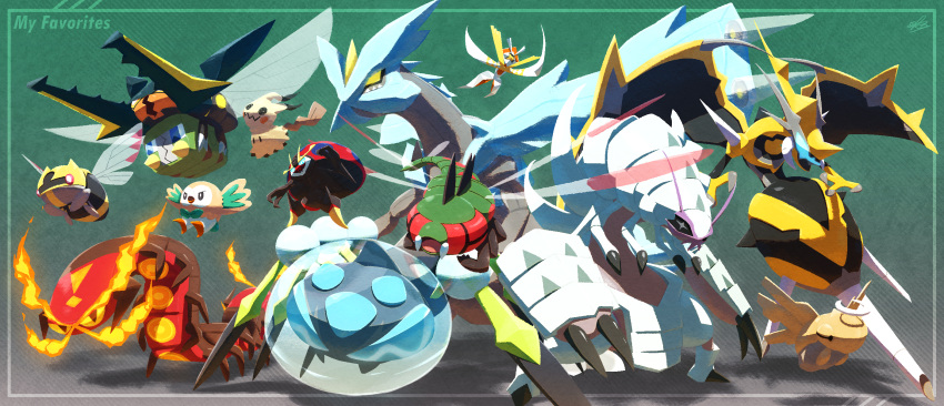 alternate_color araquanid black_eyes blue_eyes bright_pupils bug centiskorch charjabug claws commentary_request ewokakukaede fire framed golisopod green_background highres kartana kyurem mandibles mimikyu naganadel ninjask orbeetle pokemon pokemon_(creature) red_eyes rowlet shedinja shiny_pokemon signature standing vikavolt white_pupils yanmega