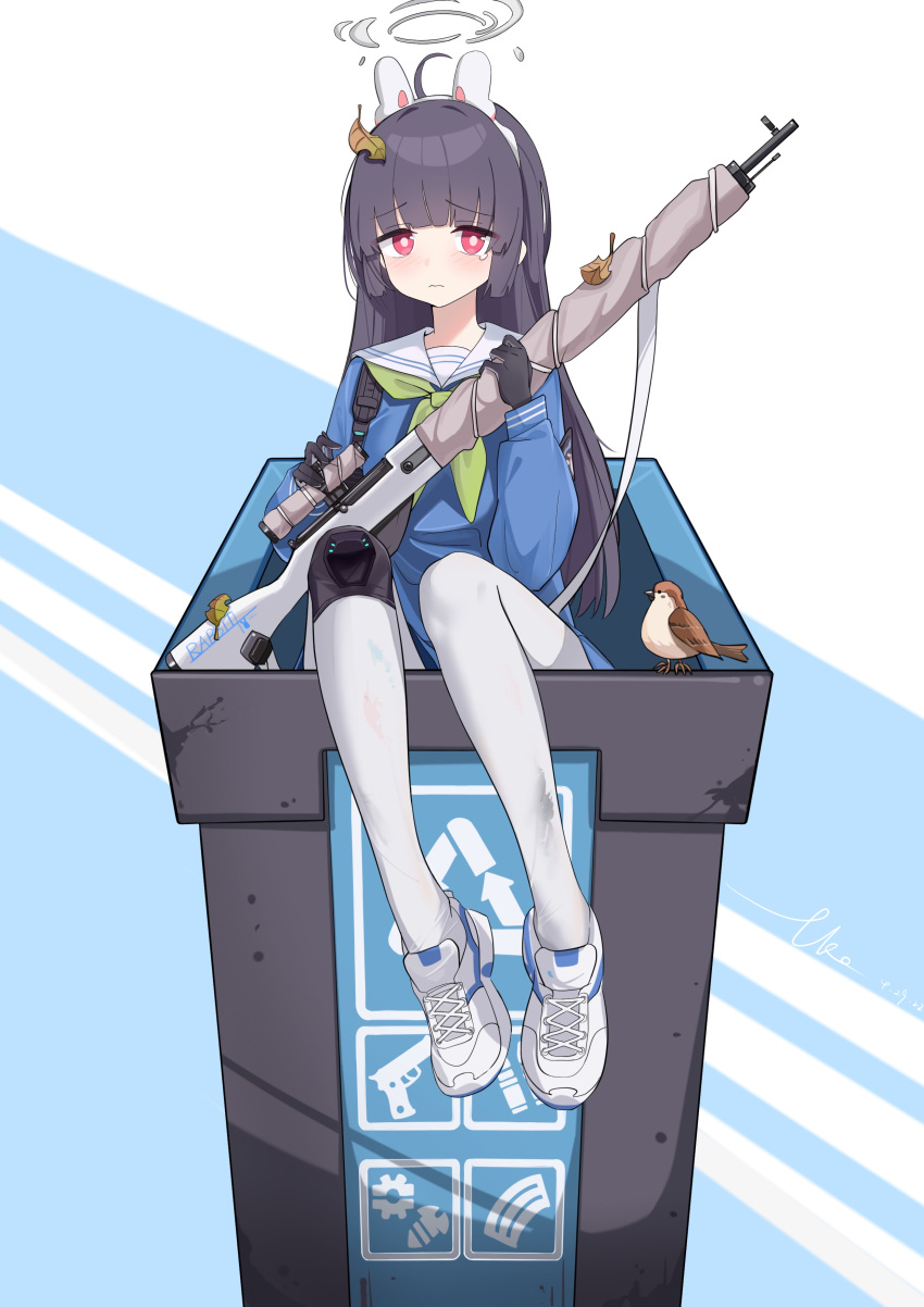 absurdres arrow_(symbol) bird black_gloves black_hair blue_archive bolt_action dirty female full_body gloves gun gun_sling halo highres in_container knee_pads leaf leaf_on_head long_hair miyu_(blue_archive) pantyhose recycle_bin recycling_symbol rifle sad school_uniform scope serafuku shoe_print shoes simple_background single_knee_pad sitting sniper_rifle solo uko_0817 unworn_shoes weapon white_footwear white_pantyhose