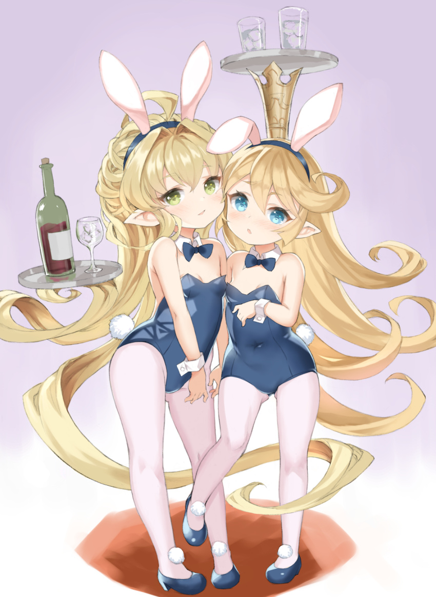 2girls alcohol animal_ears ass_visible_through_thighs bare_shoulders blonde_hair blue_eyes blue_footwear blue_leotard bottle bow bowtie breasts charlotta_(granblue_fantasy) commentary_request covered_navel crown cup detached_collar drinking_glass fake_animal_ears fake_tail full_body granblue_fantasy green_eyes harvin highres legs leotard long_hair looking_at_viewer m-eine melissabelle multiple_girls pantyhose playboy_bunny pointy_ears rabbit_ears rabbit_tail shoes small_breasts smile standing standing_on_one_leg strapless strapless_leotard tail thighs tray very_long_hair white_pantyhose wine wine_bottle wine_glass wrist_cuffs