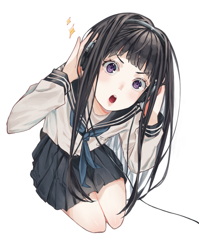 black_hair chitanda_eru female headphones highres hyouka long_hair mu_ooa open_mouth purple_eyes school_uniform serafuku solo teeth upper_teeth_only white_background