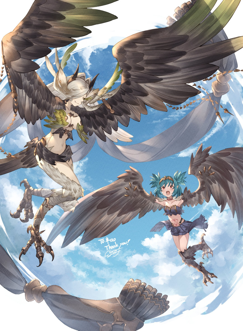 2girls ayacho bandeau bird_legs breasts claws cleavage closed_mouth cloud commission elil_(granblue_fantasy) fang_out feathered_wings flying granblue_fantasy green_hair hair_intakes hair_over_one_eye harpy head_wings highres horns indie_virtual_youtuber lincoro long_hair monster_girl multiple_girls navel oerba_yun_fang open_mouth outdoors pubic_tattoo short_hair shorts skeb_commission small_breasts talons tattoo tiara very_long_hair virtual_youtuber winged_arms wings