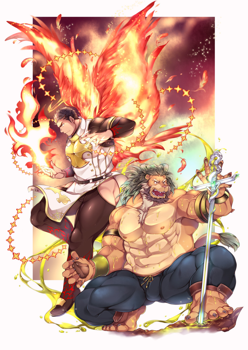 2boys abs action animal_ears arsalan_(housamo) ass bara barefoot beard black_hair bulge chest_hair cross facial_hair fiery_wings fighting_stance fingernails fire flaming_halo full_body furry furry_male green_hair halo highres hip_vent large_pectorals lion_boy lion_ears lion_tail male_focus mature_male multicolored_hair multiple_boys muscular muscular_male nipples pectorals pelvic_curtain planted planted_sword sharp_fingernails short_hair squatting stomach stubble sword tail thick_thighs thighs tokyo_afterschool_summoners topless_male two-tone_hair wafu_(youzora_samo18) weapon wings yellow_eyes zabaniyya_(housamo)