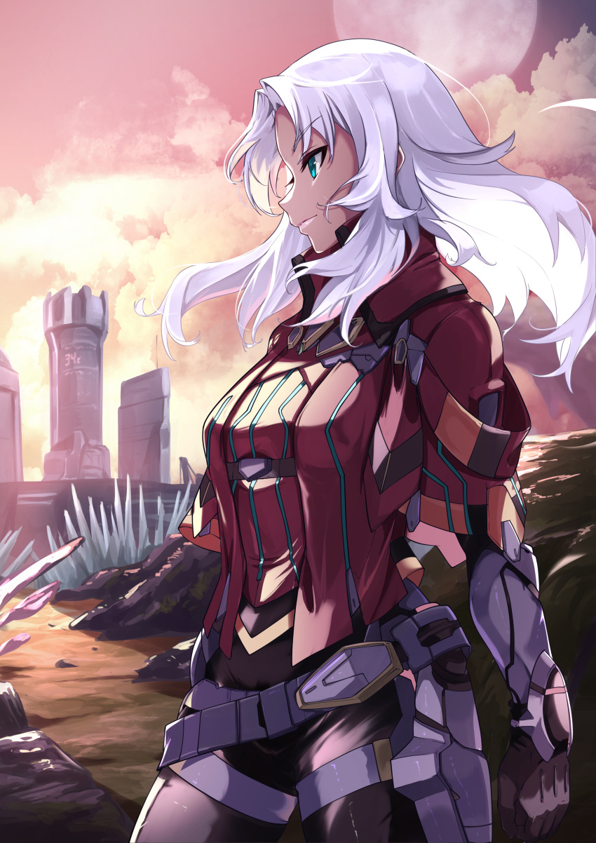 absurdres bad_id bad_pixiv_id blue_eyes breasts cityscape cowboy_shot dark-skinned_female dark_skin dusk elma_(xenoblade_x) female highres long_hair moon outdoors risumi_(taka-fallcherryblossom) solo tower white_hair xenoblade_chronicles_(series) xenoblade_chronicles_x