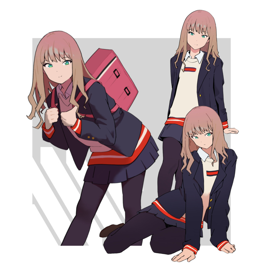 absurdres black_jacket black_legwear blazer breasts brown_hair female green_eyes gridman_universe highres jacket long_hair long_sleeves looking_at_viewer minami_yume multiple_views pantyhose psylduck school_uniform skirt smile ssss.dynazenon