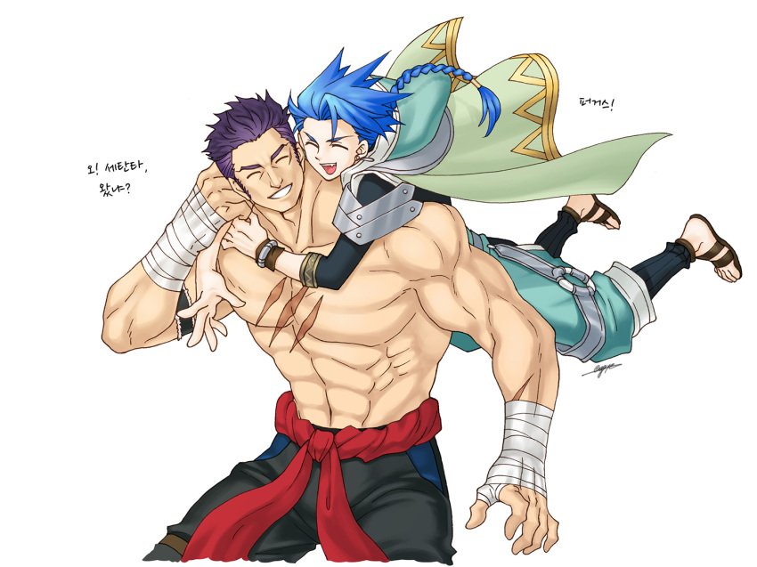 2boys ^_^ armlet asymmetrical_bangs bandaged_hand bandages blue_hair bodysuit bodysuit_under_clothes bracelet braid braided_ponytail capelet closed_eyes commentary_request cu_chulainn_(fate) earrings fangs fate/grand_order fate/grand_order_arcade fate_(series) fergus_mac_roich_(fate) floating_hair happy hood hood_down hooded_capelet hug jewelry korean_commentary korean_text lolicon long_hair male_focus multiple_boys muscular muscular_male navel open_mouth pants puffy_pants purple_hair sandals sash scar scar_on_chest scar_on_face setanta_(fate) short_hair simple_background single_braid sloth_g_ya spiked_hair topless_male uppercut white_background