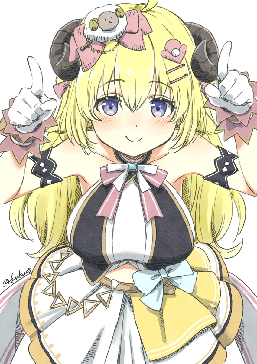 absurdres ahoge animal_ears arm_garter blonde_hair blue_eyes blush bow breasts closed_mouth commentary cowboy_shot english_commentary female fuusuke_(fusuke208) gloves hair_between_eyes hair_ornament hairclip highres hololive hololive_idol_uniform horns horns_pose idol idol_clothes long_hair looking_at_viewer medium_breasts official_alternate_costume pink_bow sheep_ears sheep_girl sheep_hair_ornament sheep_horns simple_background smile solo striped striped_bow traditional_media tsunomaki_watame twitter_username virtual_youtuber white_background white_bow white_gloves wrist_cuffs