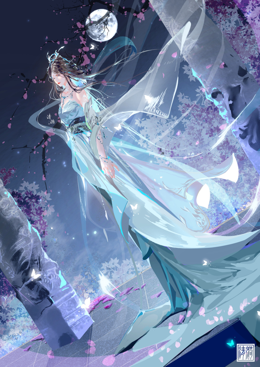 absurdres artist_request bare_shoulders branch detached_sleeves dress dutch_angle facial_mark female forehead_mark from_side hagoromo hair_ornament highres jewelry long_hair moon necklace night petals pillar sash second-party_source shawl solo tree wanmei_shijie white_dress yue_chan_(wanmei_shijie)